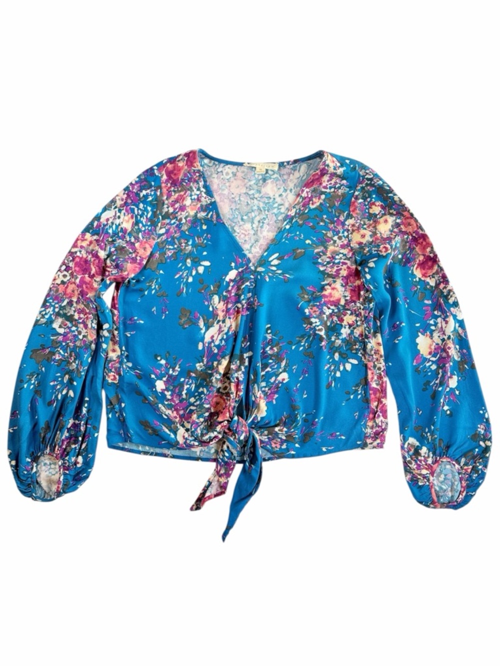 Lovestitch Blue Floral Tie Front Blouse Balloon Sleeve‎ Boho V-Neck Top Medium M